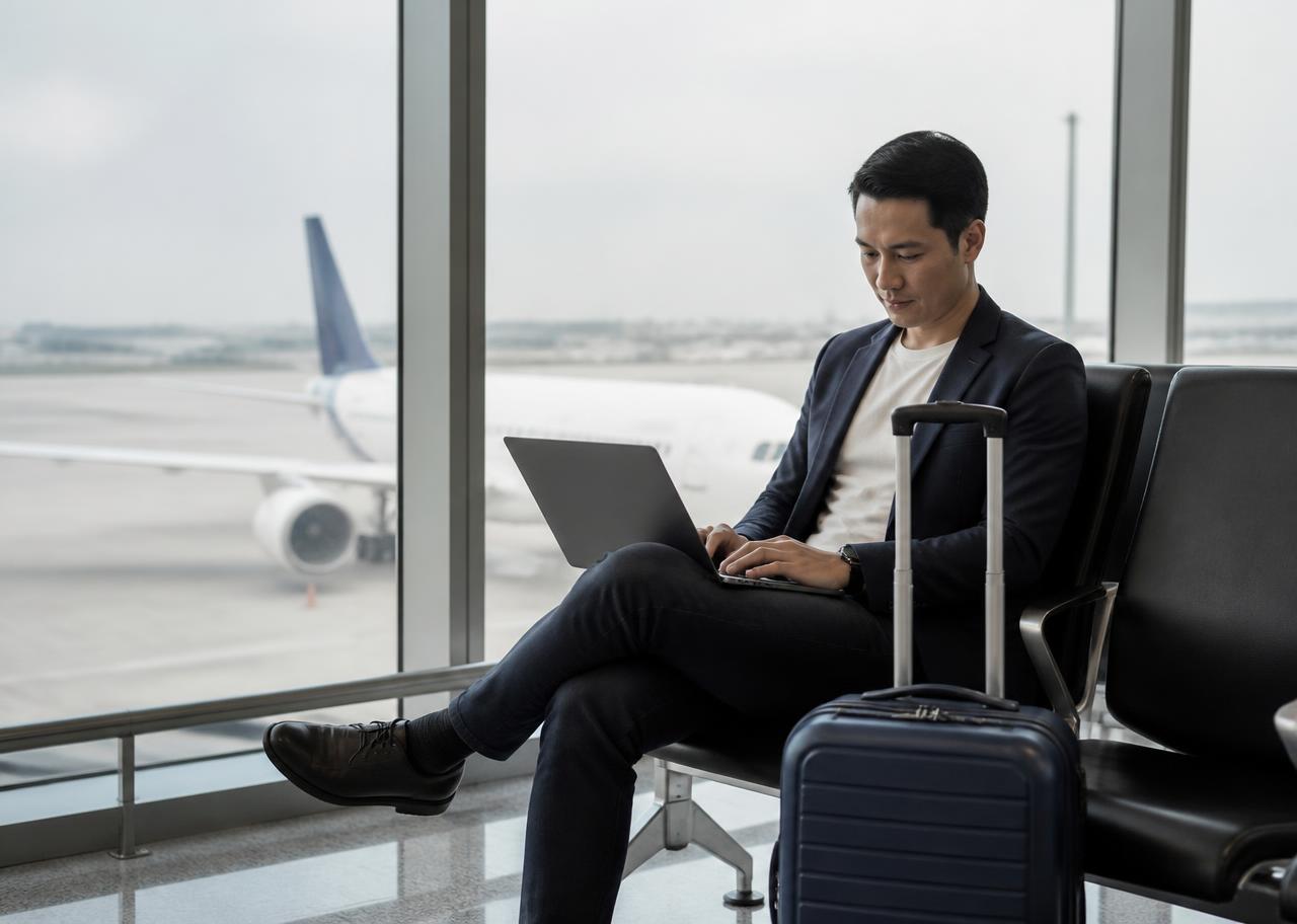 Executivo em aeroporto durante viagem corporativa